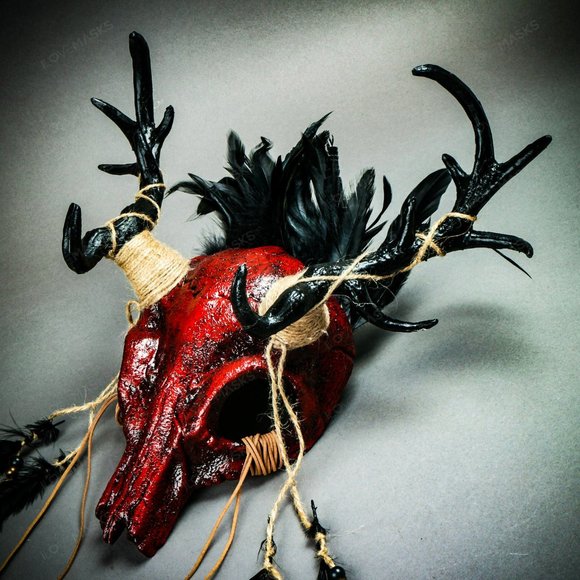 Bloody Red Antelope Devil Deer Horn Skull Mask - Picture 6 of 10